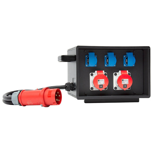 Stromverteiler - CEE 032 A | male => 2 x CEE 16 A, 3 x Schuko female