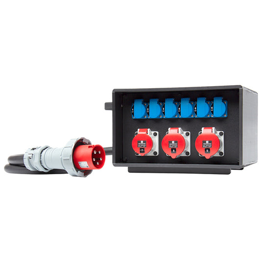 Stromverteiler - CEE 63 A | male => 2 x CEE 32 A, 1 x CEE 16 A, 6 x Schuko female