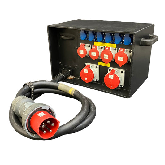 Stromverteiler - Klemmanschluss/clamp connection => 2 x CEE 63 A, 2 x CEE 32 A, 2 x CEE 16 A, 6 x Schuko (eingebautes Messgerät incl. Zählerfunktion)